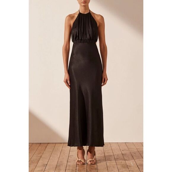 Shona Joy Dresses & Skirts - Shona Joy Ruched Open Back Halter Midi Dress